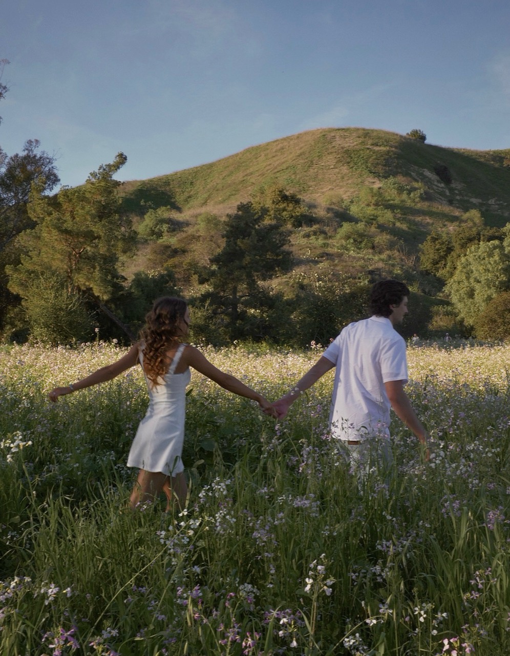 Will and Emma holding hands in a wildflower meadow